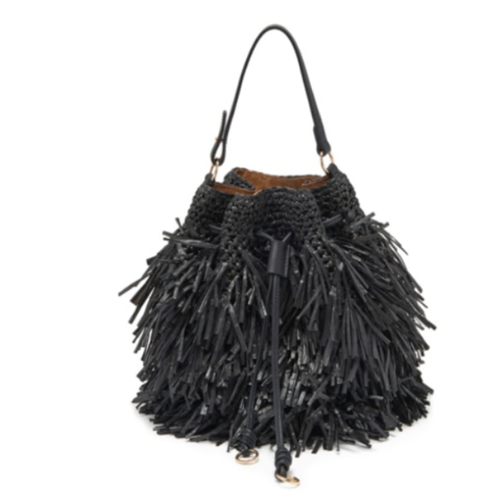 Ulla Johnson Gigi Fringe Drawstring Shoulder Bag in Black